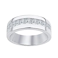 14K White Gold Over .925 Sterling Silver Princess Cut White CZ Diamond Mens Wedding Band Ring