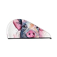 Watercolor Pig Art Print Dry Hair Cap for Women Coral Velvet Hair Towel Wrap Absorbent Hair Drying Towel with Button Quick Dry Hair Turban for Travel Shower Gym Salons