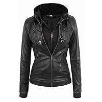 LP-FACON Women's Removable Hooded Black Leather Jacket - Real Lambskin Biker Motorcycle Riding Leather Jacket Women