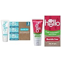 Hello Antiplaque Toothpaste, Fluoride Free for Teeth Whitening with Natural Peppermint Flavor & Kids Natural Watermelon Fluoride Free Toothpaste, Vegan & SLS Free