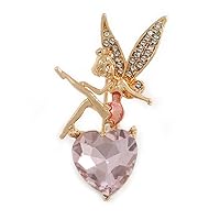 Small Crystal Fairy On The Lavender Glass Heart Brooch in Gold Tone - 35mm Tall