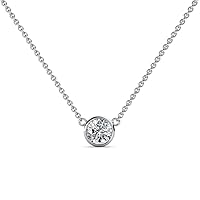 Round Lab Grown Diamond (3mm to 5.8mm) Bezel Set Womens Solitaire Pendant Necklace (0.10 ct to 0.74 ct) 14K White Gold with Gold Chain