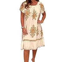 Plus Size Boho Mini Dress for Women Casual Short Sleeve Crew Neck Loose Beach Dress Summer Floral Print Sundress