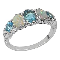 925 Sterling Silver Real Genuine Blue Topaz and Opal Womens Band Ring