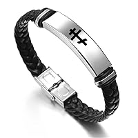 Russian Orthodox Cross Braided Leather Bracelet, Crucifix Crosses NIKA Symbol Cuff Bangle Religious Russia Ukraine Faith Reminder Jewelry Christian Gifts for Church Communion, 8.26''