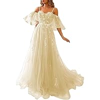 Women's Off Shoulder Sleeve Prom Dresses Tulle Lace Applique Evening Party Dress