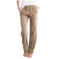 Womens Linen Pants Casual Elastic High Waist Summer Pants Relax Fit Comfy Palazzo Pants Linen Capris Yoga Sweatpants Trousers
