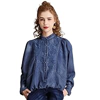 Women Denim Cotton Embroidery Jackets Button Coats Stand Long Sleeve Blue Spring Female Loose