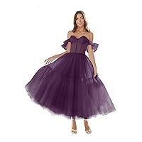 Basgute Off Shoulder Tulle Prom Dresses for Women Tea Length A Line Corset Sweetheart Teens Formal Evening Party Gowns
