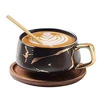 Tea Cup and Saucer Set - Luxury 10 Oz Ceramic Latte Mug with Golden Spoon & Wooden Coffee Saucer – Fancy Gold – Planted Handle Coffee Cups Modern Teacup Set for Women, Men (Black)