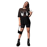 Tops for Women Tees Shirts Women's Tops Sexy Skeleton Print Sheer Mesh Top Without Bra in Black Fashion Blouses Tops