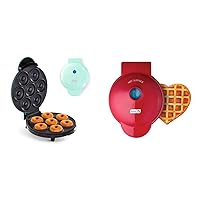 Mini Donut Maker Machine for Kid-Friendly Breakfast, Snacks, Desserts & More with Non-stick Surface, Makes 7 Doughnuts - Aqua & Mini Waffle Maker Machine, Red Heart 4 Inch