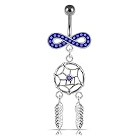 Multi Crystal Gemstone Stylish Infinity with Dream Catcher Dangling 925 Sterling Silver Belly Ring Body Jewelry