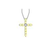 14k White Gold timeless cross pendant set with 10 round yellow sapphires (1/4 ct, AA Quality) encompassing 1 round white diamond, (.035ct, H-I Color, I1 Clarity), suspended on a 18