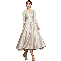 Champagne Silk Satin Mid Calf Length Mother of The Bride Dress with 3/4 Sleeve V Neck Prom Party Dresses