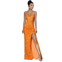 Sparkly Spaghetti Straps Sequin Prom Dresses Long Mermaid 2024 V Neck Formal Evening Gowns with Slit Orange Size 16