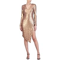 BCBGMAXAZRIA Women's Fitted Sequin Cocktail Dress Long Sleeve Ruched Waist Asymmetrical Peekaboo Skirt