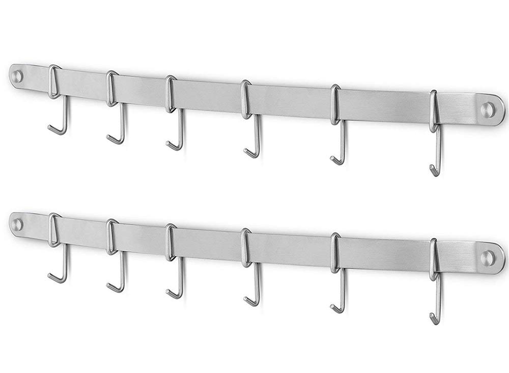 eForwish Stainless Steel Kitchen Utensil Racks Holder Hanging Rail Organize Pots Pans Kitchen Knife Gadgets On Wall Mounted Hanger Bar Rail Under Cabinet Shelf (6 Hook,17