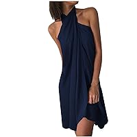 Women's Bohemian Round Neck Trendy Casual Summer Solid Color Sleeveless Knee Length Flowy Beach Swing Dress