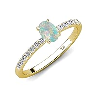 Oval Opal & Round Diamond 1/10 ctw Tiger Claw Set Four Prong Women Engagement Ring 10K Gold