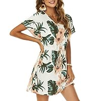 Women's Summer Short Sleeve Dress Trendy Floral V-Neck Shirt Tunic Top Loose Beach Cover-Up Party Mini Dresses