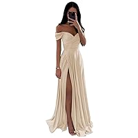 SOLODISH Off The Shoulder Bridesmaid Dresses Satin Pleated A Line Formal Evening Party Gown with Slit