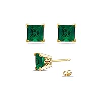 May Birthstone - Lab Created Princess Emerald Scroll Stud Earrings in 14K Yellow Gold Available in 3mm - 8mm