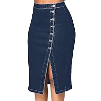 Women's Casual High Waist Denim Skirt Split Hem Midi Jean Skirts Button Side Sexy Hip Skirts Slim Fit Business Skirt