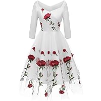 Women's Red Rose Embroidered Evening Gowns V-Neck Short 3/4 Sleeve Wedding Dresses A-Line Mid-Length Dresses