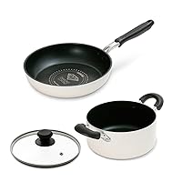 Iris Ohyama DCI-FR3S Frying Pan and Pot Set, 3-Piece Set, Induction Compatible, Gas Stove, Glass Lid, Lid Included, Diamond Coat, Two-Handled Pot, Living Alone, 2 People, White