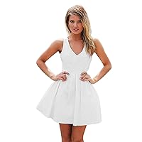 Women's Sleeveless V Neck Satin Ball Gown Lace Up Back A Line Short Homecoming Dress White