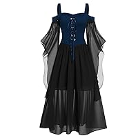 Halloween Gothic Dresses for Women Cold Shoulder Sheer Mesh Bell Sleeve Renaissance Goth Dress Retro Tiered Tulle Irish Dress