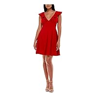 JUMP APPAREL Womens Stretch Zippered Ruffled Scuba Crepe Cap Sleeve V Neck Short Party Fit + Flare Dress