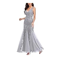 Women Deep V Neck Sleeveless Embroidered Mermaid Bodycon Formal Party Dress Evening Gown (Color : Silver, Size : 2X-Large)