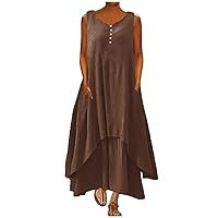 Womens Cotton Linen Button Maxi Tank Dress Flowy High-Low Layered Summer Beach Casual Loose A-Line Dresses Pockers