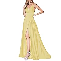 Long V-Neck Prom Dresses with Pockets Satin Side Slit Party Formal Gowns for Women