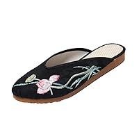 Ethnic Summer Slippers For Women Lotus Embroidery Vintage Mules Ladies Flat Heeled Slides Female Backless Sandals