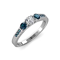 Blue & White Diamond Womens Milgrain Work 3 Stone Engagement Ring 0.84 ctw 925 Sterling Silver size 6.0