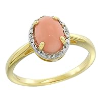 Silver City Jewelry 10K Yellow Gold Natural Coral Diamond Halo Ring Oval 8X6mm, Size 9