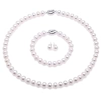 JYX Freshwater Pearl Necklace Set 11-12mm White Pearl Necklace Bracelet and Earrings Jewelry Set