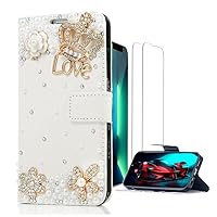 Glitter Wallet Phone Case Compatible with Samsung Galaxy Note 20 5G - 3D Luxury Girls Women Shiny Bling Handcrafted Leather Protective Cover with Screen Protector (2 Pack) - Crown LOVE Flower