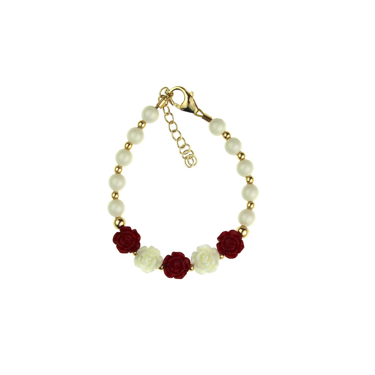 Crystal Dream Elegant 14KT Gold-Filled Beads Luxury Baby Girl Bracelet Made with White European Simulated Pearls and Red Flowers (B100-CFRW)