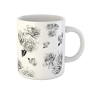 Coffee Mug Pink Black and White Pencil Ink Pattern Roses Bloom 11 Oz Ceramic Tea Cup Mugs Best Gift Or Souvenir For Family Friends Coworkers