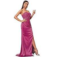 Women's Strapless Beads Formal Evening Dresses Split A Line Prom Party Gown