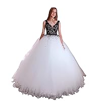 Gothic Black and White Ball Gown V Neck Wedding Bridal Dresses for Women Beaded Tulle 2024 Long
