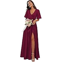 Women's Satin Long Bridesmaid Dress for Wedding Side Slit Formal Party Dress with Sleeves Burgundy US22W