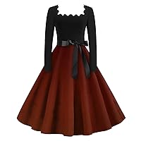 Vintage Dress for Women Polka Dot Print Long Sleeve Dress Cutout Party Casual V Neck Dress