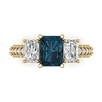 Clara Pucci 4.23ct Emerald Round Cut Solitaire 3 stone accent Natural London Blue Topaz gemstone designer Modern Ring 14k Yellow Gold