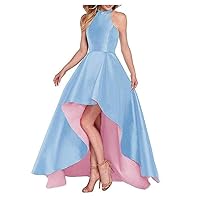 Women's Halter Beaded High Low Prom Dress With Pockets 26 Light Blue&pink