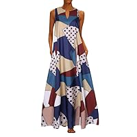 Women's Bohemian Print Flowy Beach V-Neck Glamorous Dress Casual Loose-Fitting Summer Swing Sleeveless Long Floor Maxi Dark Blue